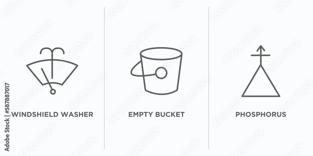 Poster shapes outline icons set. thin line icons such as windshield washer, empty bucket, phosphorus vector. linear icon sheet can be used web and mobile