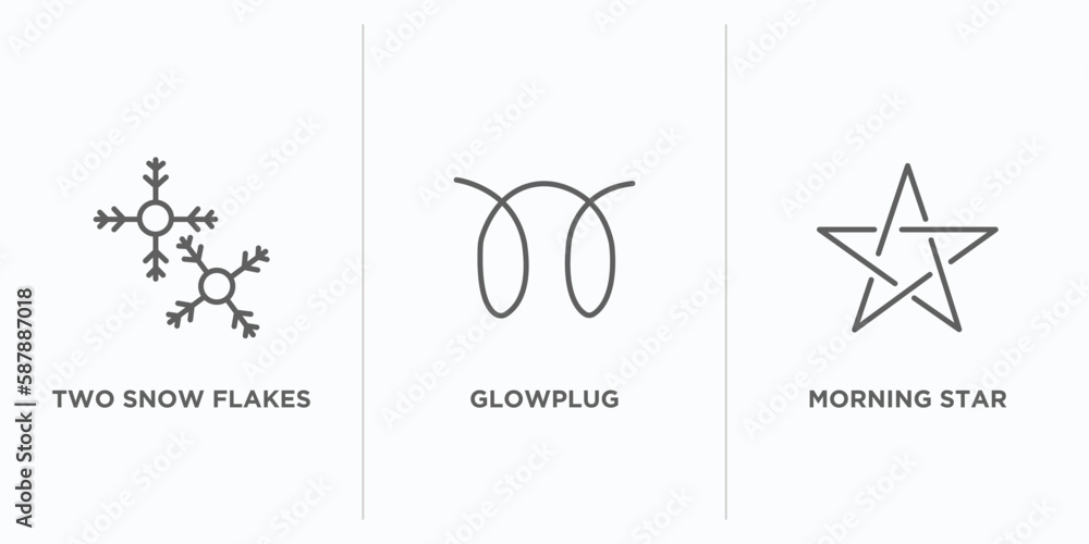 Poster shapes outline icons set. thin line icons such as two snow flakes, glowplug, morning star vector. li