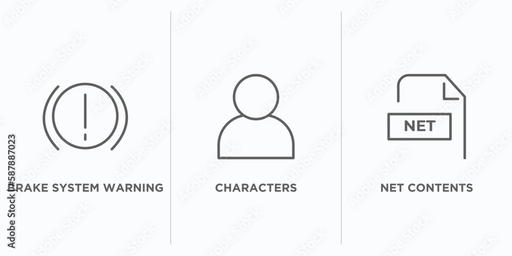 Poster shapes outline icons set. thin line icons such as brake system warning, characters, net contents vec