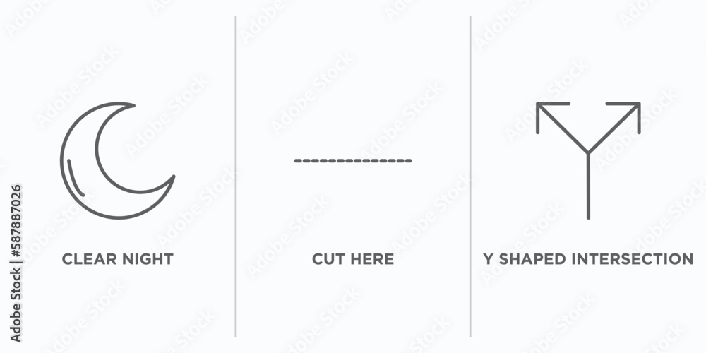 Aufkleber shapes outline icons set. thin line icons such as clear night, cut here, y shaped intersection vecto