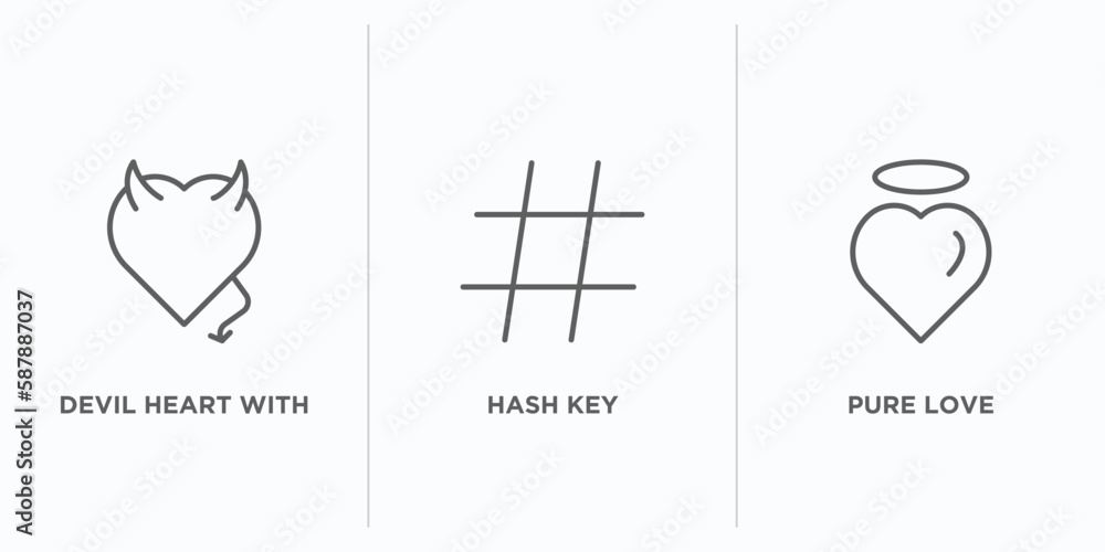 Poster shapes outline icons set. thin line icons such as devil heart with wings, hash key, pure love vector