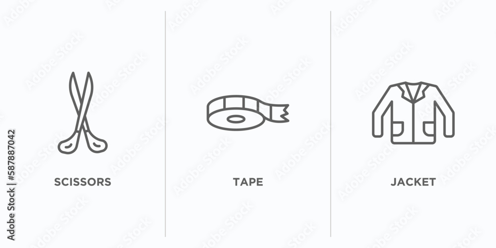 Poster sew collection. thin outline icons set. thin line icons such as scissors, tape, jacket vector. linea