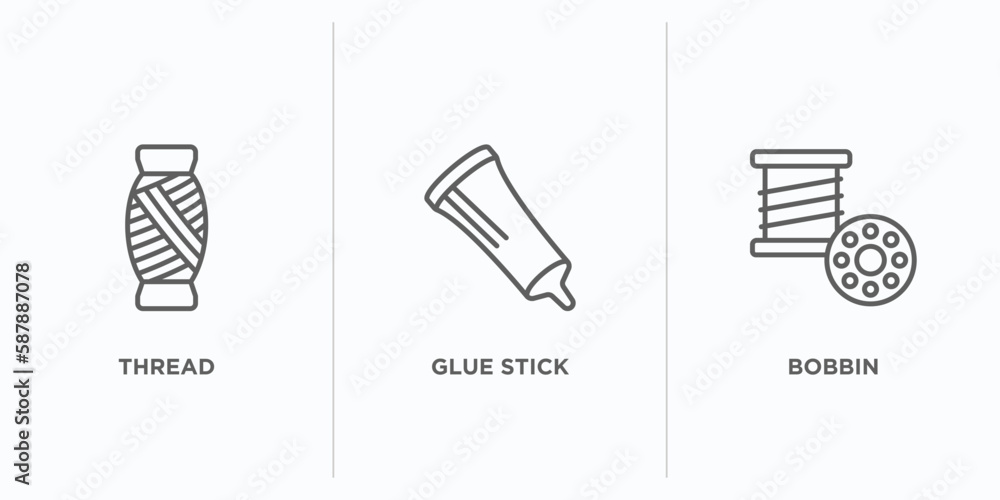 Poster sew outline icons set. thin line icons such as thread, glue stick, bobbin vector. linear icon sheet 