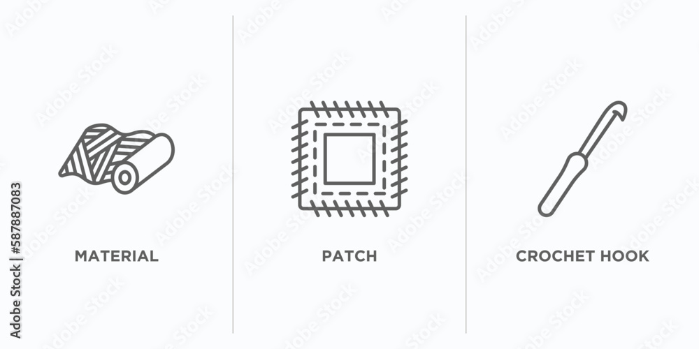 Poster sew outline icons set. thin line icons such as material, patch, crochet hook vector. linear icon she