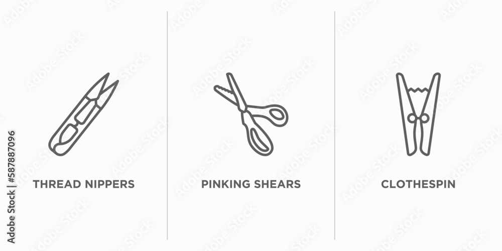Poster sew outline icons set. thin line icons such as thread nippers, pinking shears, clothespin vector. li