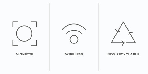 shapes outline icons set. thin line icons such as vignette, wireless, non recyclable vector. linear icon sheet can be used web and mobile