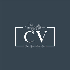 CV letter logo floral square shape design logo elements. CV initial alphabet logo rectangle borders frame.
