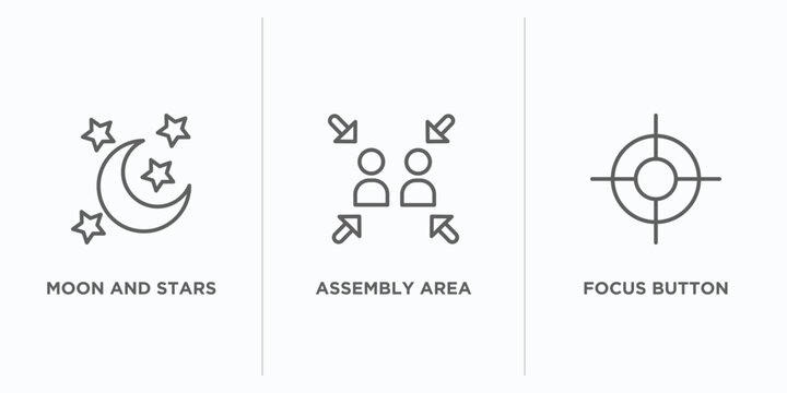 shapes outline icons set. thin line icons such as moon and stars, assembly area, focus button vector. linear icon sheet can be used web and mobile