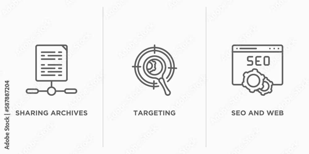 Poster search engine optimization outline icons set. thin line icons such as sharing archives, targeting, s