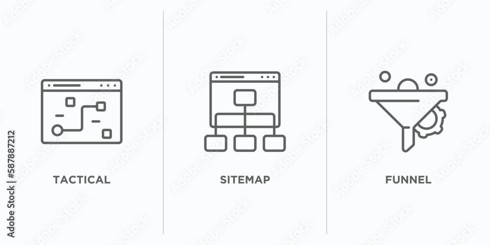 Poster search engine optimization outline icons set. thin line icons such as tactical, sitemap, funnel vect