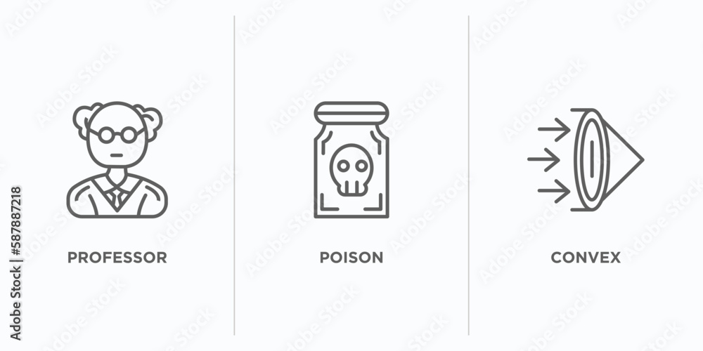 Poster science outline icons set. thin line icons such as professor, poison, convex vector. linear icon she