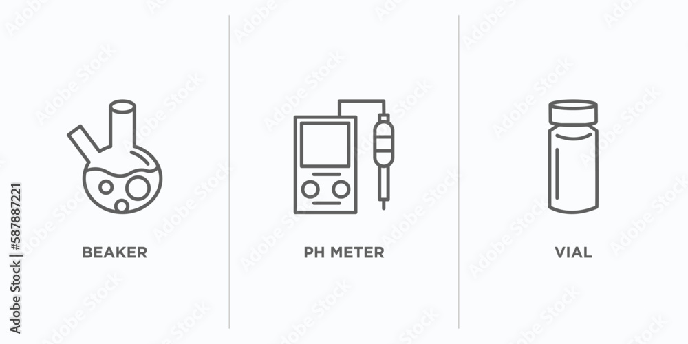 Poster science outline icons set. thin line icons such as beaker, ph meter, vial vector. linear icon sheet 