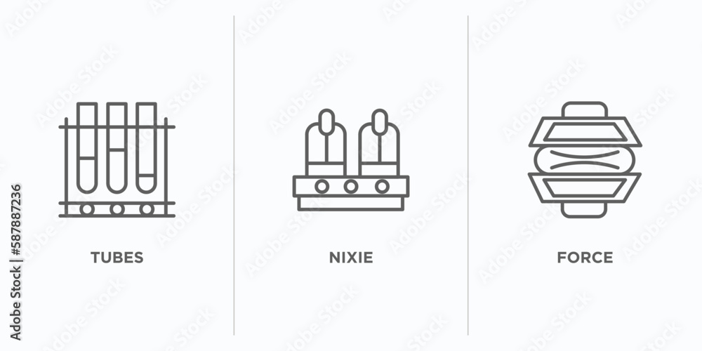 Poster science outline icons set. thin line icons such as tubes, nixie, force vector. linear icon sheet can