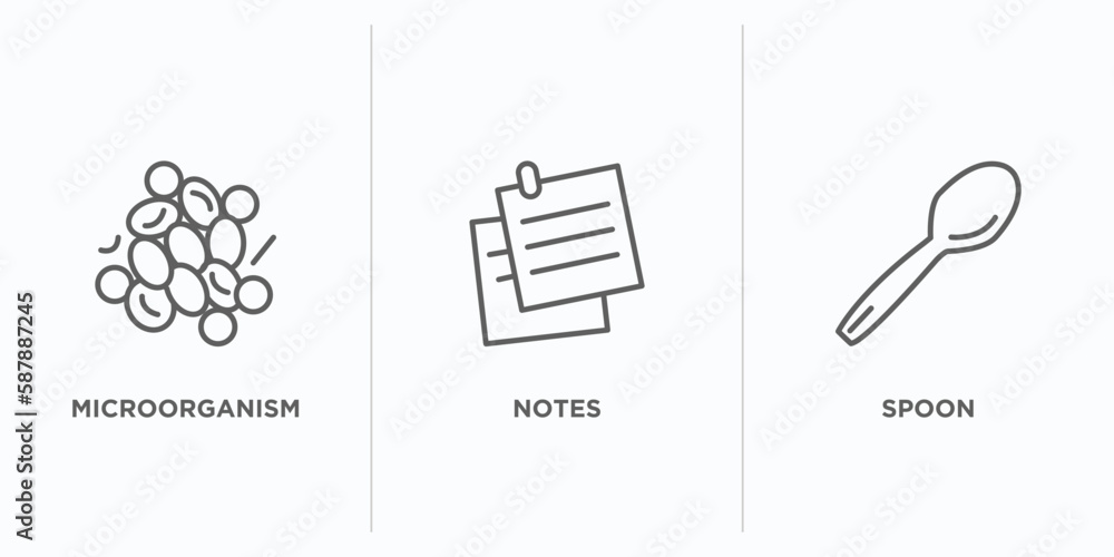 Poster science outline icons set. thin line icons such as microorganism, notes, spoon vector. linear icon s