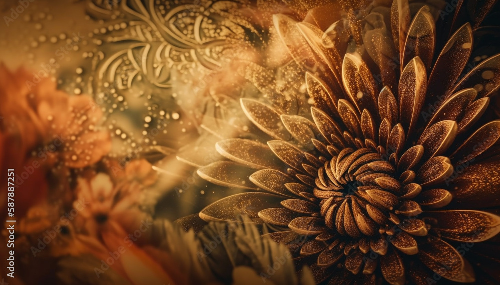 Poster abstract fractal floral pattern in shiny yellow backdrop generated by ai