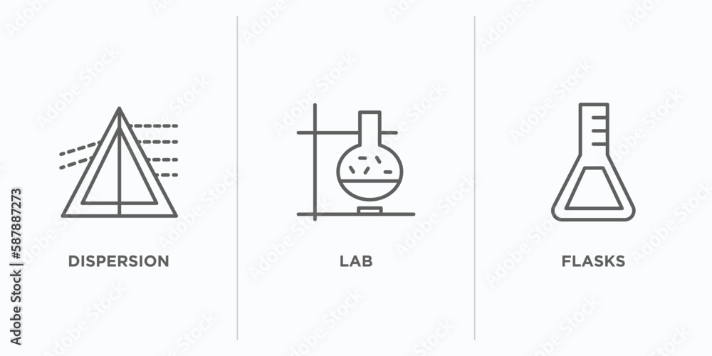 Poster science outline icons set. thin line icons such as dispersion, lab, flasks vector. linear icon sheet