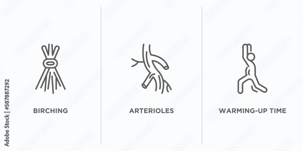 Poster sauna outline icons set. thin line icons such as birching, arterioles, warming-up time vector. linea