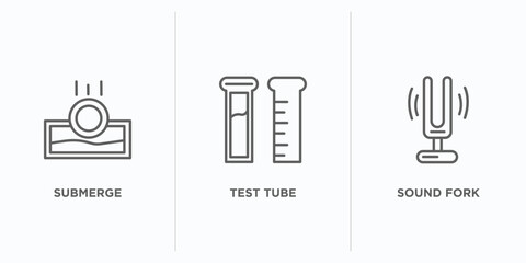science outline icons set. thin line icons such as submerge, test tube, sound fork vector. linear icon sheet can be used web and mobile