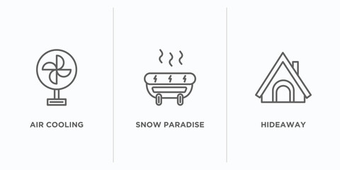 sauna outline icons set. thin line icons such as air cooling, snow paradise, hideaway vector. linear icon sheet can be used web and mobile