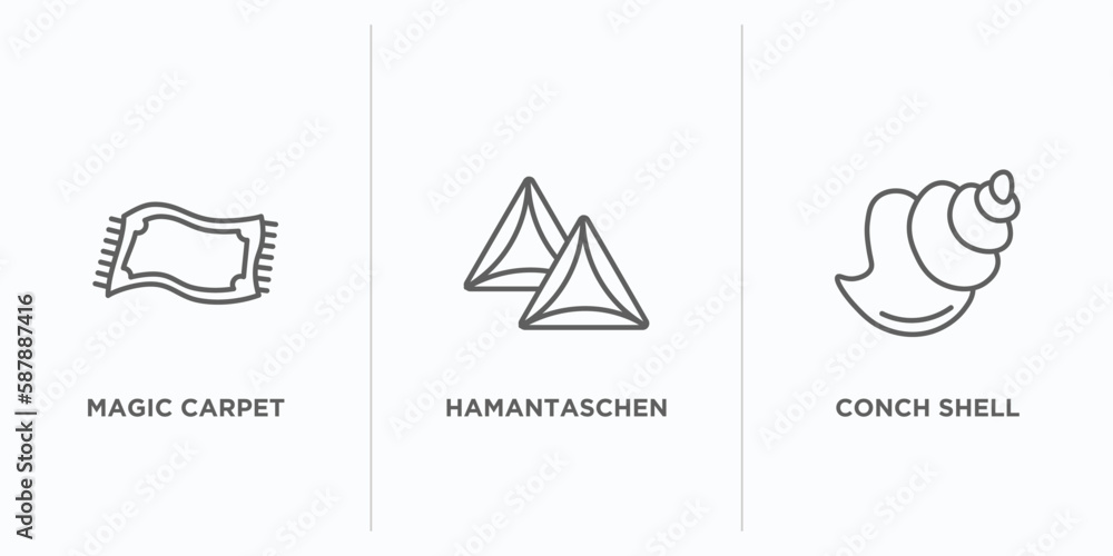 Poster religion outline icons set. thin line icons such as magic carpet, hamantaschen, conch shell vector. 