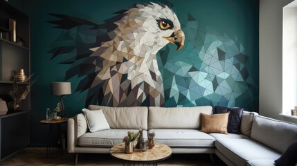 Living Living Room With Full Wall Geometric Griffin Interior Design. Generative AI