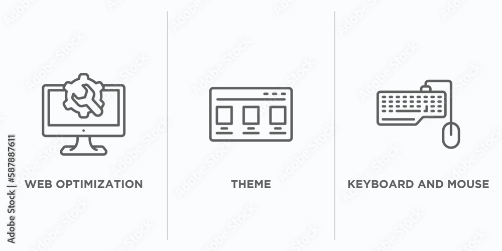 Poster programming outline icons set. thin line icons such as web optimization, theme, keyboard and mouse v