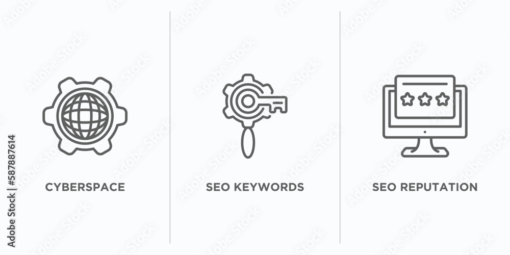 Poster programming outline icons set. thin line icons such as cyberspace, seo keywords, seo reputation vect