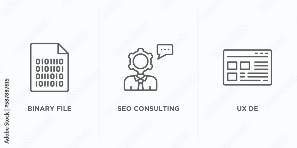 Poster programming outline icons set. thin line icons such as binary file, seo consulting, ux de vector. li