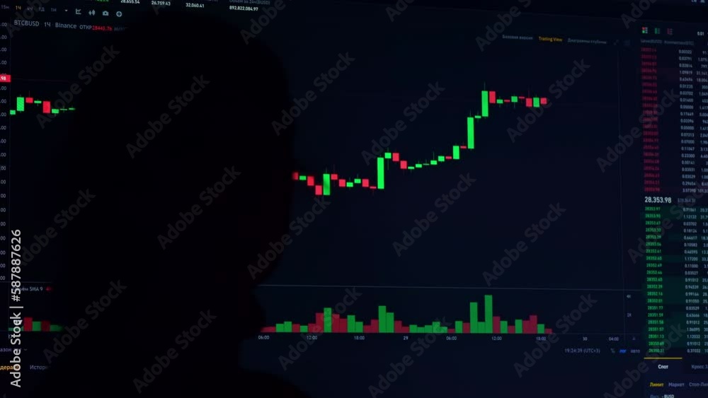 Poster silhouette of girl on background of crypto exchange and graphics. hand on chart rise and fall of bit