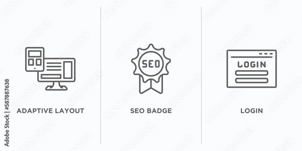 Poster programming outline icons set. thin line icons such as adaptive layout, seo badge, login vector. lin