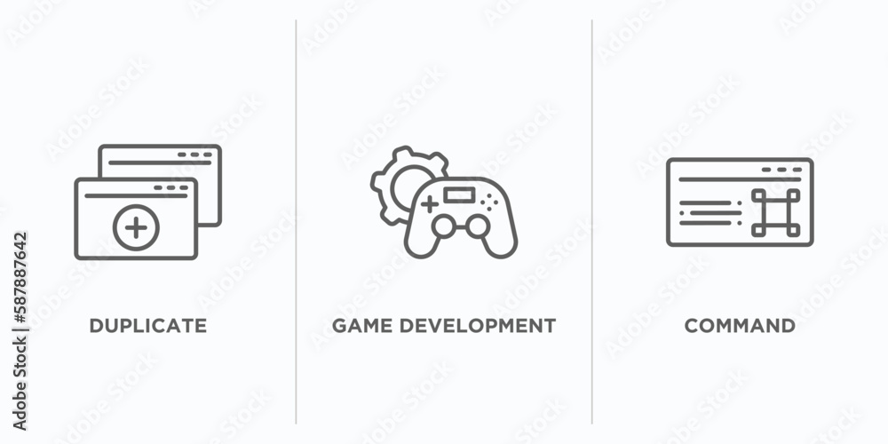 Poster programming outline icons set. thin line icons such as duplicate, game development, command vector. 