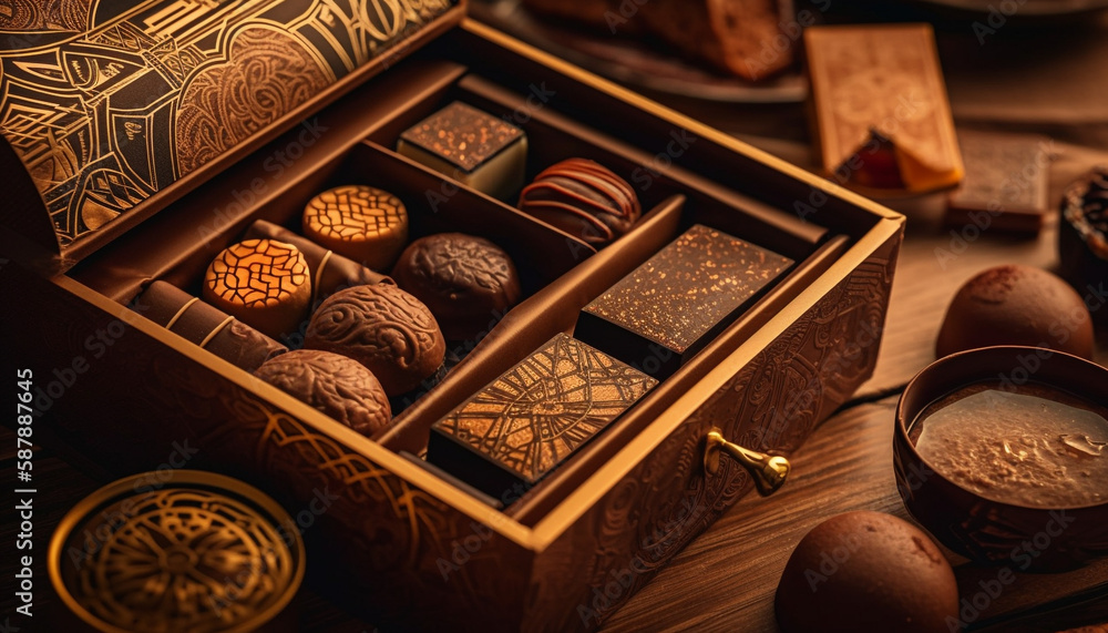 Poster dark chocolate truffles in a rustic container generated by ai