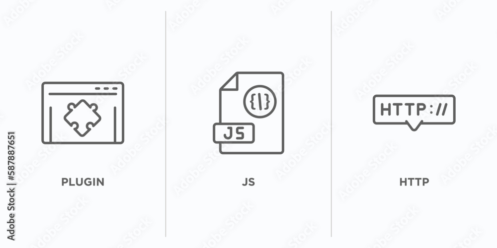 Aufkleber programming outline icons set. thin line icons such as plugin, js, http vector. linear icon sheet ca