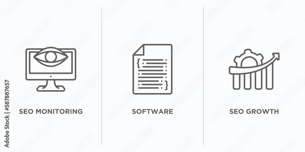 Poster programming outline icons set. thin line icons such as seo monitoring, software, seo growth vector. 