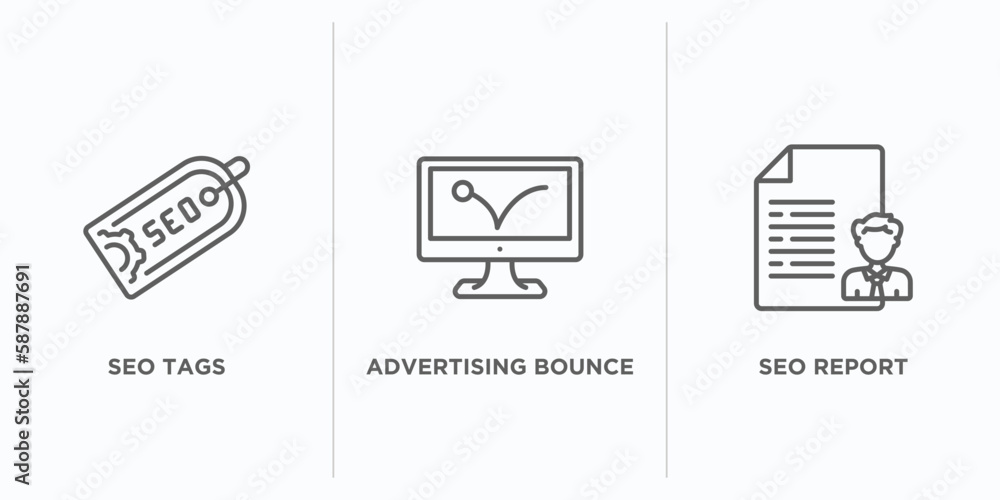 Poster programming outline icons set. thin line icons such as seo tags, advertising bounce, seo report vect
