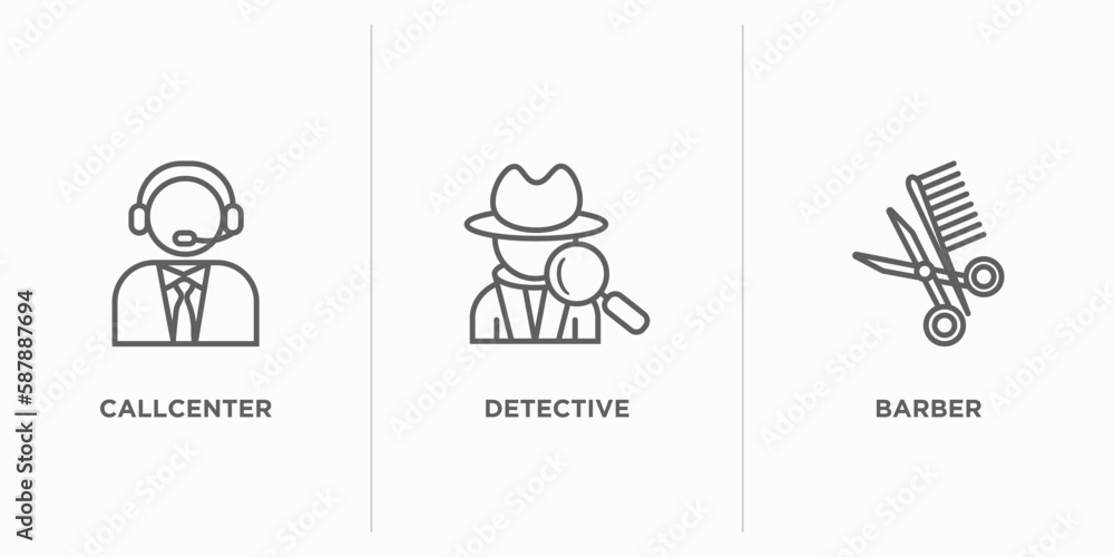 Poster professions outline icons set. thin line icons such as callcenter, detective, barber vector. linear 