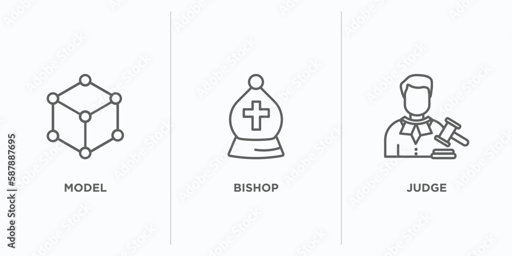 Poster professions & jobs outline icons set. thin line icons such as model, bishop, judge vector. linear ic