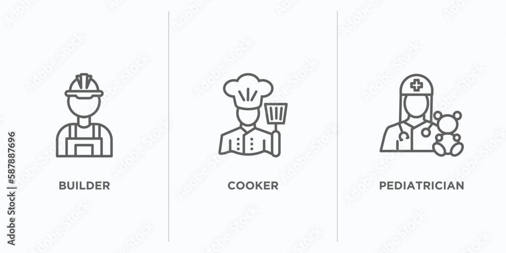 Poster professions outline icons set. thin line icons such as builder, cooker, pediatrician vector. linear 