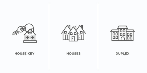 real estate outline icons set. thin line icons such as house key, houses, duplex vector. linear icon sheet can be used web and mobile