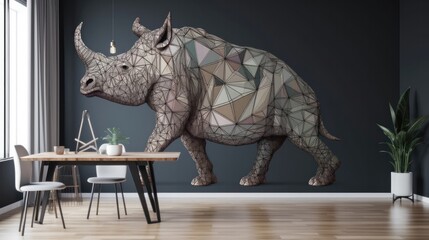 Living Living Room With Full Wall Geometric Rhinoceros Interior Design. Generative AI