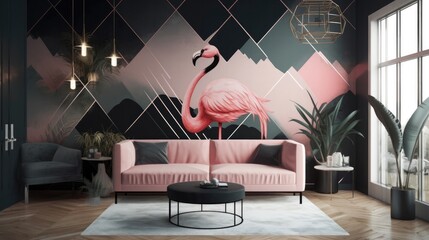 Living Living Room With Full Wall Geometric Flamingo Interior Design. Generative AI - obrazy, fototapety, plakaty