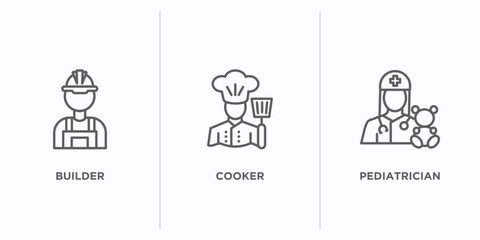 professions outline icons set. thin line icons such as builder, cooker, pediatrician vector. linear icon sheet can be used web and mobile