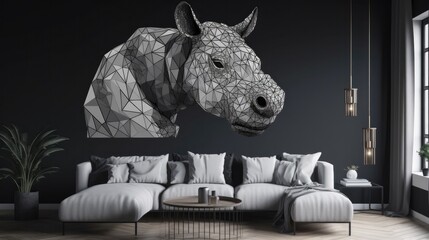 Living Living Room With Full Wall Geometric Hippopotamus Interior Design. Generative AI