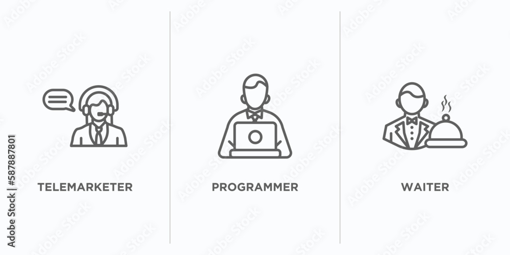 Poster professions outline icons set. thin line icons such as telemarketer, programmer, waiter vector. line