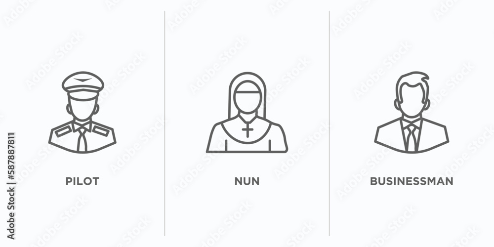 Poster professions outline icons set. thin line icons such as pilot, nun, businessman vector. linear icon s
