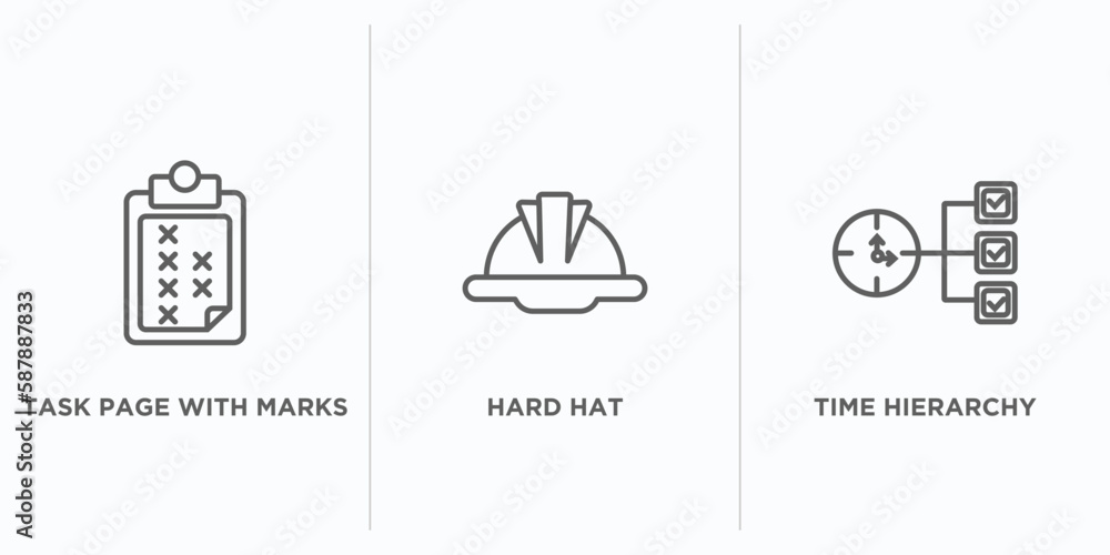 Poster productivity outline icons set. thin line icons such as task page with marks, hard hat, time hierarc