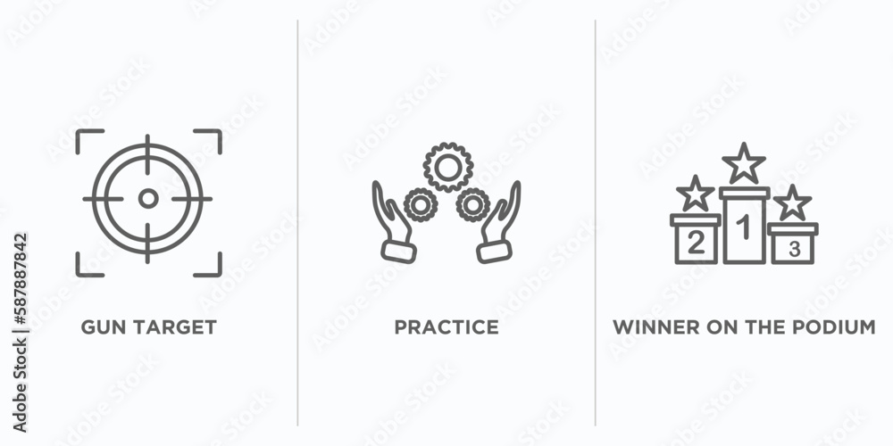 Poster productivity outline icons set. thin line icons such as gun target, practice, winner on the podium v