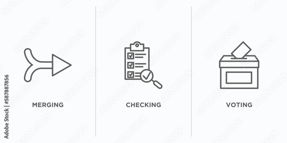 Aufkleber political outline icons set. thin line icons such as merging, checking, voting vector. linear icon s
