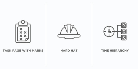 productivity outline icons set. thin line icons such as task page with marks, hard hat, time hierarchy vector. linear icon sheet can be used web and mobile