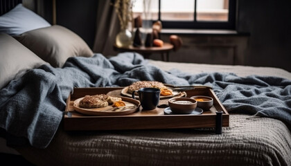 Cozy bedroom with modern decor, French breakfast spread generated by AI